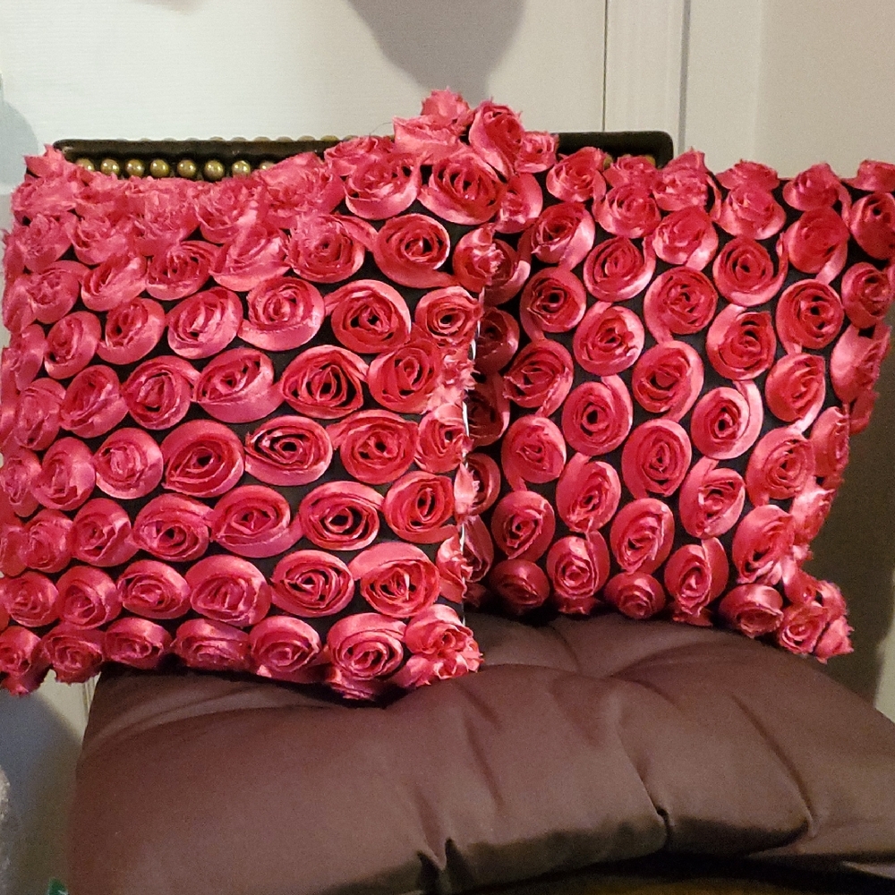15x15 Reversible Accent Pillows w/Dark Pink Rosettes & Black/White Stripes